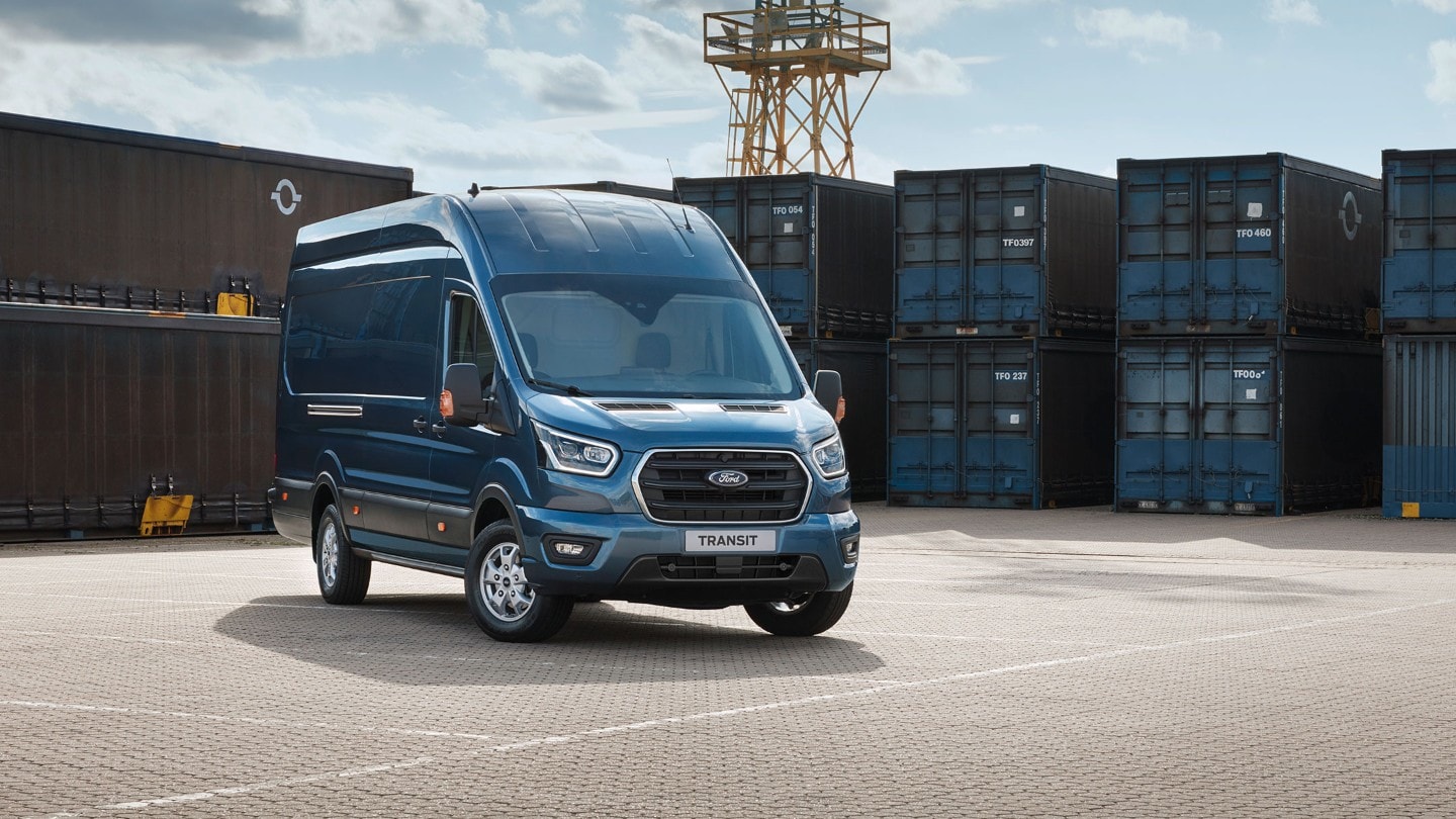 Ford transit blauw schuinvoorkant geparkeerd banner