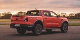 Ford Ranger Raptor Oranje Schuin Achter Met Zonsondergang